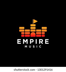 Empire music logo, castle music beat with play flag icon logo icon vector template on black background