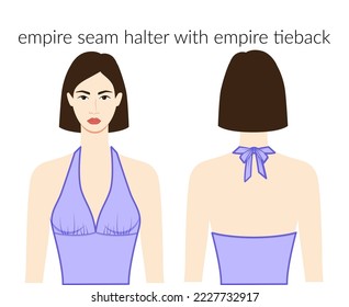 Empire seam halter with empire tieback neckline clothes character in lavanda top, shirt, dress technical fashion illustration with fitted body. Flat apparel template. Women, men unisex CAD mockup