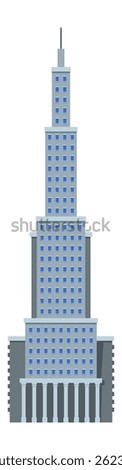 Empire State Building, featuring striking blue windows, an impressive antenna, and classical columns adorning the entrance, stands as an iconic landmark in the heart of New York City