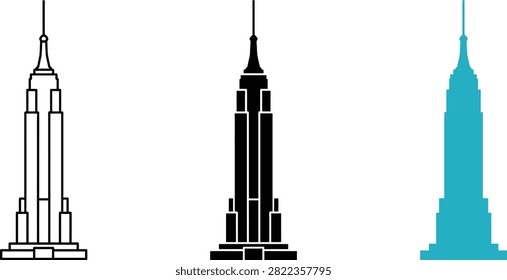Empire State Building vector icon set featuring line art, solid black silhouette, and teal flat color styles isolated on white background
