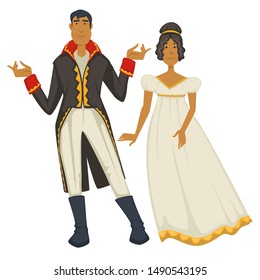 Empire style, man in jacket and boots woman in white gown vector. Ancient fashion, married couple, traditional clothes with gold decor, light dress and trousers. Curly hairstyle, vintage outfits