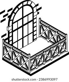 Empire Style Window Concepto isométrico, media luna superior con diseño de icono de vectores de grill, símbolo de vista frontal de balcón y ventana, idea exterior de la casa con ilustraciones de fachada de balcones vintage y clásicos