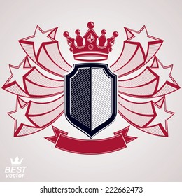 Empire un símbolo gráfico vectorial estilizado. Escudo con estrellas voladoras 3d y corona imperial. Un escudo de armas fácil de usar en el eps8 - idea de seguridad. Coronet elegante, icono de diseño web.