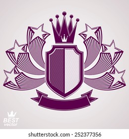 Empire stylized vector graphic symbol. Shield with 3d flying stars and imperial crown. Clear eps8 coat of arms Ã?Â¢?? security idea. Elegant coronet, web design icon.