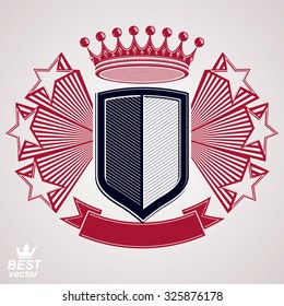 Empire stylized vector graphic symbol. Shield with 3d flying stars and imperial crown. Clear eps8 coat of arms, security idea. Elegant web design icon.