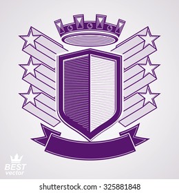 Empire stylized vector graphic symbol. Shield with 3d flying stars and imperial crown. Clear eps8 coat of arms, security idea. Elegant coronet, web design icon.
