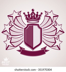 Empire stylized vector graphic symbol. Shield with 3d flying stars and imperial crown. Clear EPS8 coat of arms, security idea. Elegant coronet, web design icon.