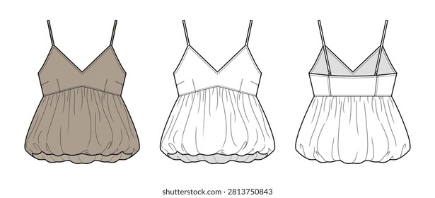 Empire Waist Bubble Hem Cami Technical Fashion Illustration. Adjustable Strap Babydoll Blouse Vector Template. Front and Back View. Women’s Apparel. CAD Mockup Set.