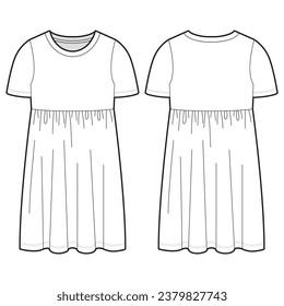 Empire Waist Short Sleeve Round Neck T Shirt Dress Technical Drawing. Front And Back View Women Casual Dress. 