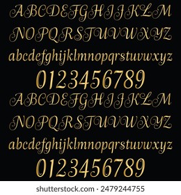 Emploi Ingenue Font, Alphabet, Golden Capital Letters, Uppercase Letter, Golden Numbers and Symbols