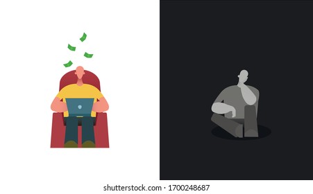 An employed man sitting on a chair and working from home on a laptop and getting money VS unemployed/jobless sad and bored man sitting on the floor. Stock vector flat character illustration. EPS 10