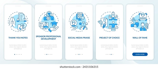 Employee acknowledgement blue onboarding mobile app screen. Walkthrough 5 steps editable graphic instructions with linear concepts. UI, UX, GUI template. Myriad Pro-Bold, Regular fonts used