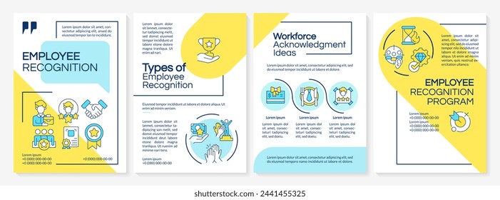 Employee acknowledgement blue and yellow brochure template. Leaflet design with linear icons. Editable 4 vector layouts for presentation, annual reports. Questrial, Lato-Regular fonts used