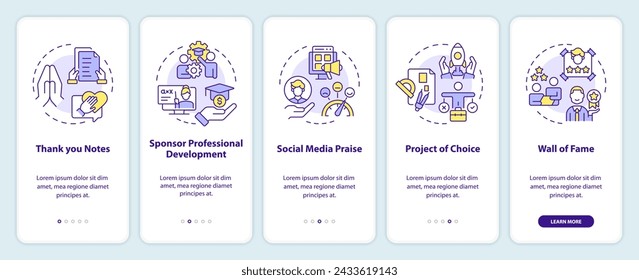 Employee acknowledgement onboarding mobile app screen. Walkthrough 5 steps editable graphic instructions with linear concepts. UI, UX, GUI template. Myriad Pro-Bold, Regular fonts used