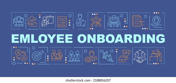 Employee adaptation word concepts dark blue banner. Job integration. Infographics with editable icons on color background. Isolated typography. Vector illustration with text. Arial-Black font used