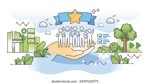 Employee advocacy and company labor protection outline hands concept. Workforce legal support and security from lawsuits or judgments vector illustration. Employment guidance and help for justice.