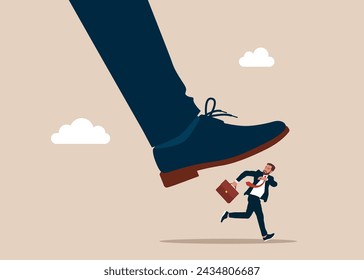 Employee is afraid of the big boss foot. Demoralised employee. stress with boss's. Flat vector illustration