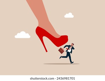 Employee is afraid of the big female foot. Demoralised employee. stress with businesswoman. Flat vector illustration