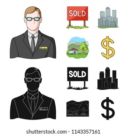 Employee of the agency, sold, metropolis, country house. Realtor set collection icons in cartoon,black style vector symbol stock illustration web.