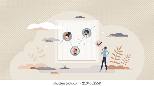 Employee analytic comparison with efficiency report tiny person concept. Worker performance data with sales profit control graph vector illustration. Company workforce optimization with statistics.