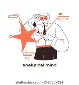 Employee with analytical mind researches. Office worker with critical, logical mindset explores. Type of thinking, thoughts, mental skill. Flat isolated outline vector illustration on white background