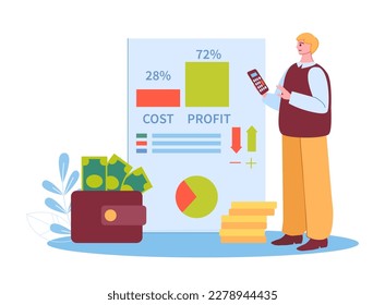 Employee analyzing graphs and charts, counting bill. Cartoon man office worker calculating cost and profit. Wallet with dollar banknotes. Financial management or accounting concept vector