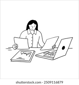 Employee analyzing statistical graphs, handdrawn illustration