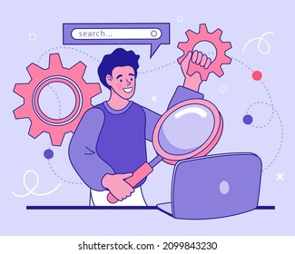 Employee Appear from Laptop. Man with the big magnifying glass. Seach concept. Technology and internet. Human Resource Management. Vector flat outline cartoon illustration concept.