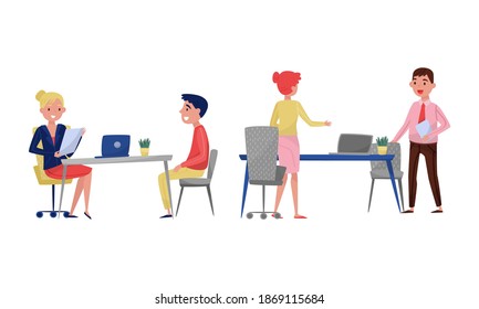 Employee Applicant Having Job Interview with HR Specialist Vector Illustration Set