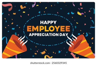 Employee Appreciation Day Celebration Banner with festive confetti. Symbolizes gratitude and teamwork. Employee Appreciation Day concept. Flat vector illustration.