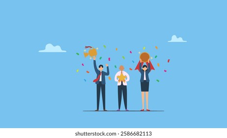 Employee appreciation day concept. Happy employees receive trophies, medals and stars as symbols of success, awards for achieving goals and targets.