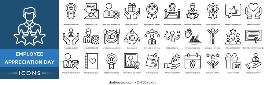 Employee Appreciation Day icon set. Recognition Award, Thank You Card, Employee Recognition, Appreciation Gift, Performance Award, Recognition Ceremony, Employee Appreciation and Staff Recognition