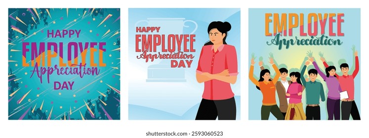 Employee Appreciation Day. Motivated woman standing confidently. Group of happy people standing together, waving and inviting new customer, colleague. Set flat vector modern illustration 