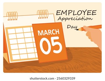 Employee Appreciation Day on March 5th. Symbolizes gratitude and recognition in the workplace. Employee Appreciation Day concept. Flat vector illustration.