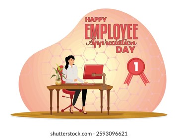 Employee Appreciation Day party. A working employee seated at a desk, signifying recognition, value, and gratitude towards workplace contributions. Flat vector modern illustration 