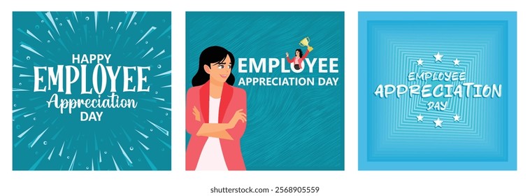 Employee Appreciation Day. Young successful businesswoman. Rewards for employee performance. Employee Appreciation Day concept. Set flat vector illustration.