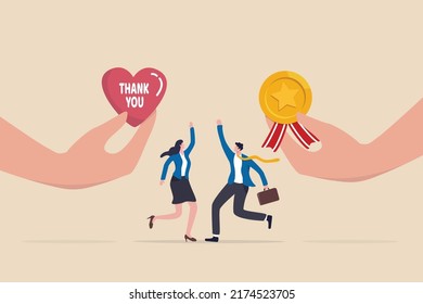 Employee appreciation, giving thank you or recognition award to best employees, gratitude or grateful support, thankful concept, businessman hand giving heart with thank you and reward to employees.