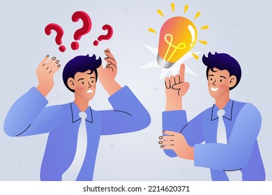 Employee asked a question to the light bulb. Thinking and searching for ideas concept. Young male ask questions, reflect and find creative solutions to problems. vector illustration