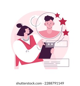 Ilustración vectorial de concepto abstracto de evaluación de empleados. Evaluación de los empleados, formulario de evaluación, revisión de la actuación profesional, análisis de SWOT, software de contratación, metáfora abstracta de reunión de supervisores.