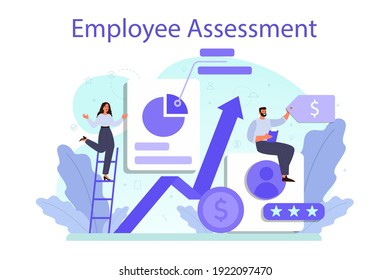 Employee Assessment Concept. Employee Evaluation, Testing Form And Report, Worker Performance Review. Staff Management, Empolyee Development. Isolated Flat Vector Illustration