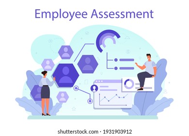 Employee assessment concept. Employee evaluation, testing form and report, worker performance review. Staff management, empolyee development. Isolated flat vector illustration