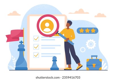 Employee assessment concept. Man with magnifying glass evaluates profile of employee and worker. Organization of effective workflow in organization. Cartoon flat vector illustration