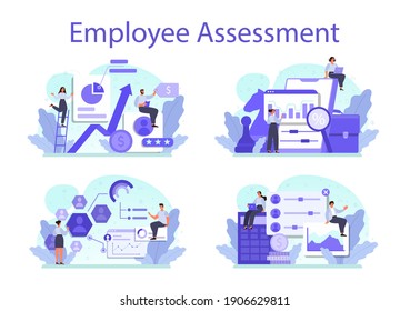 Employee Assessment Concept Set. Employee Evaluation, Testing Form And Report, Worker Performance Review. Staff Management, Empolyee Development. Isolated Flat Vector Illustration