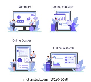 Employee assessment online service or platform set. Employee evaluation, testing form and report, worker performance review. Online research, statistics, dossier, summary. Flat vector illustration