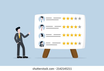 Employee Assessment, Performance Review, Or Evaluation Concept. Boss Point To Star Rating Board Of Each Employee Performance.
