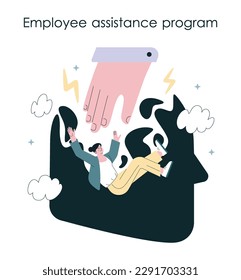 Employee assistance program. Human resources manager assist employees in resolving personal problems. Personnel management and assistance. Worker psychological support. Flat vector illustration