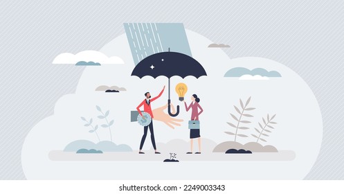 Employee assistance program and support from company tiny person concept. Labor wellbeing and wellness protection with healthcare, financial or mental coverage in case of problems vector illustration