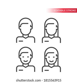 Employee Or Avatar Thin Line Vector Icon. Male And Female Torso, Man And Woman Profile Outline Symbols, Editable Stroke.