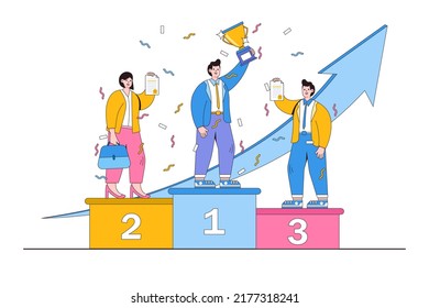 Employee Award Recognition, Achievement Reward, Top Star Performance Of The Month, Best Sales Champion Or Certificate Concepts. Business Employee Standing On Podium Winning Trophy For Competition.