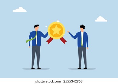 Employee award recognition, entrepreneur manager awarding gold star insignia to successful worker. 